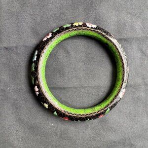 Vintage Chinese Cloisonne Enamel Floral Bangle Bracelet Green w Flowers 3.5 Dia